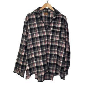 POL PLAID Womens flannel button up Shirt Top paint splatter torn hem Size Large